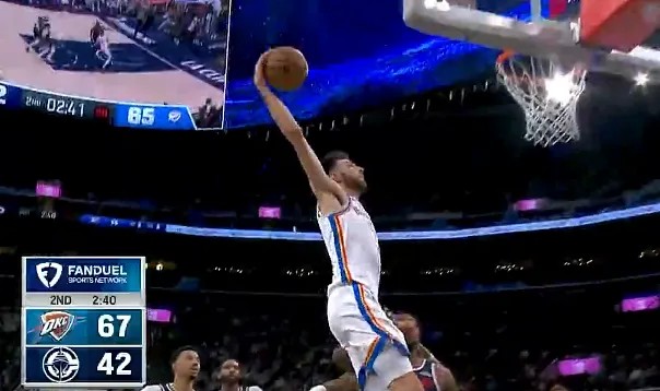 开云平台-狂轰乱炸！霍姆格伦单臂滑翔劈扣，雷霆轰12-0领先快船25分